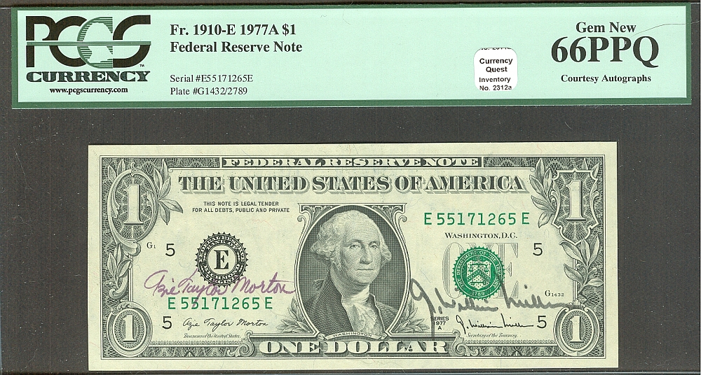 Fr.1910-E, 1977A $1 FRN, Double Autographs: Azie Taylor Morton - William Miller, Gem CU, PCGS66-PPQ